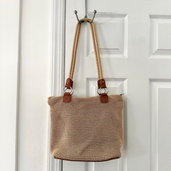 The Sak Solid Beige Crochet Cambria Shoulder Tote Top Zip Rope Straps Tan Trim - Picture 1 of 8